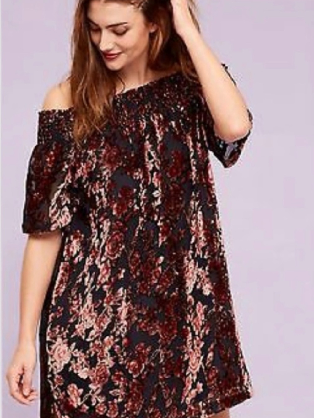 Anthropologie Seen Worn Kept Black Dress with Pink Floral Velvet Detail